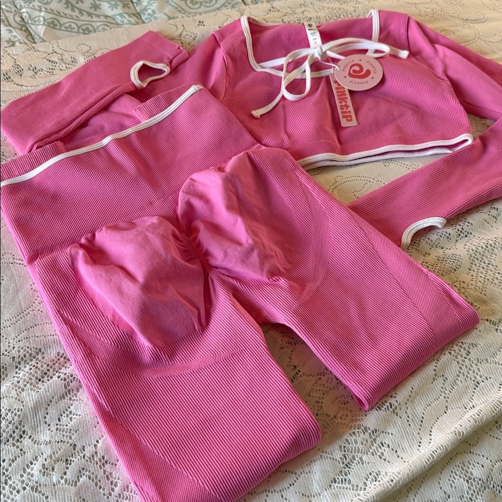 2 pc Pink Tip Long Sleeve Crop Top and Leggings Set